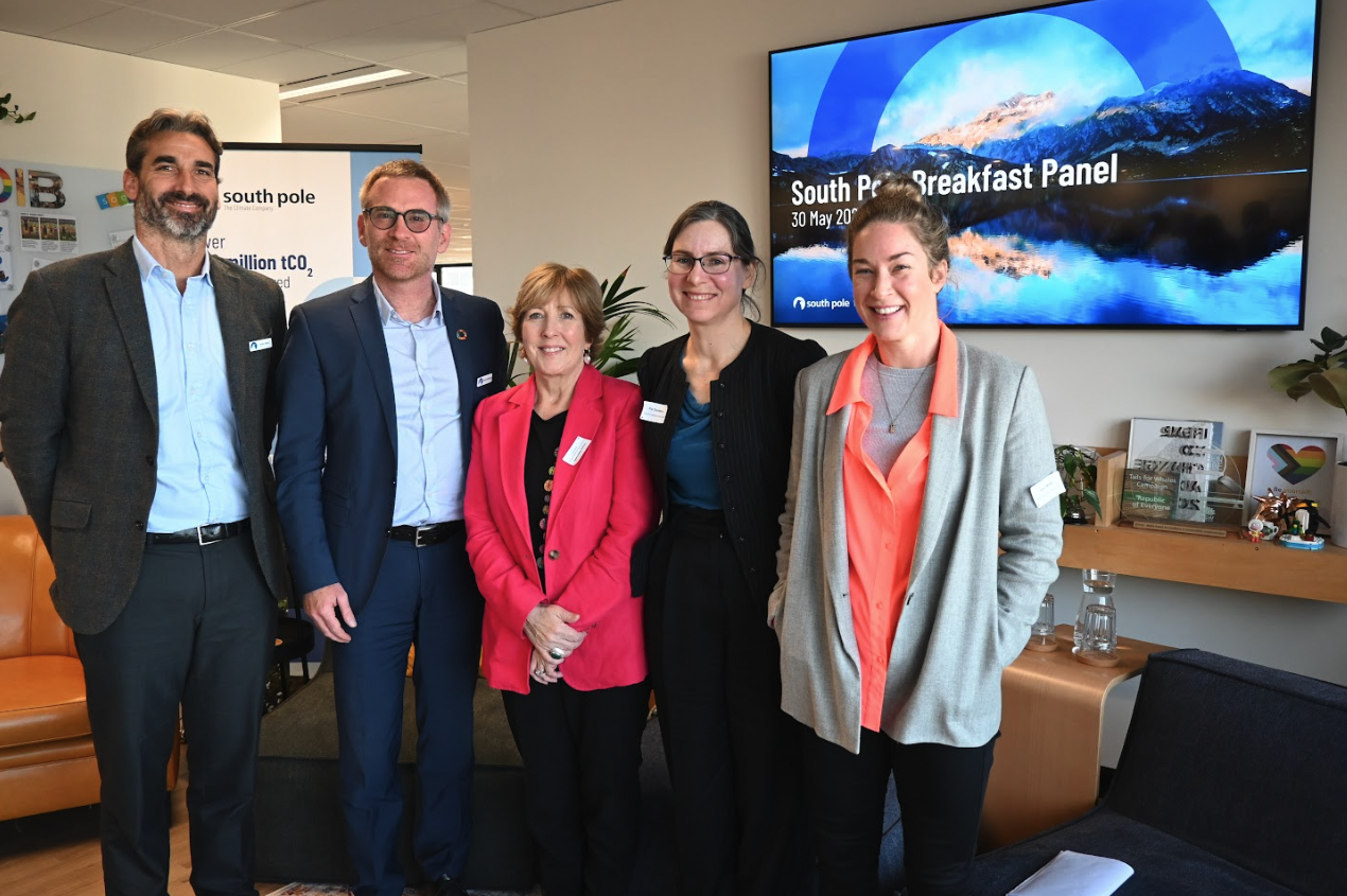 From left to right: John Davis, Director of Asia-Pacific at South Pole, Renat Heuberger, CEO of South Pole, Fiona Reynolds, Chair of UNGC Australia, Pip Stenekes, Director of Compliance and Integrity at Carbon Market Institute, and Jess Miller, Lead of the New Normal Initiative